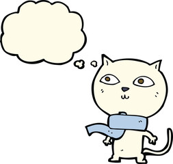 cartoon funny cat wearing scarf with thought bubble