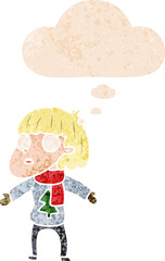 cartoon surprised christmas person with thought bubble in grunge distressed retro textured style