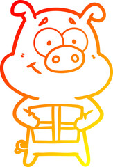 warm gradient line drawing of a happy cartoon pig holding christmas present