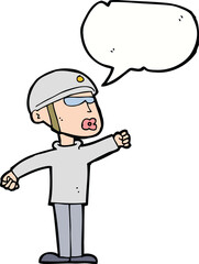 cartoon security guy with speech bubble