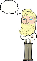 cartoon serious man with beard with thought bubble
