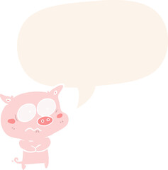 cartoon nervous pig with speech bubble in retro style
