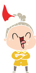 hand drawn flat color illustration of a happy old woman wearing santa hat