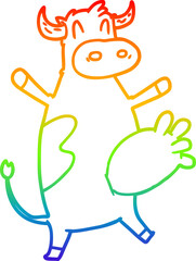 rainbow gradient line drawing of a cartoon cow swinging udder