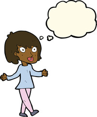 cartoon woman with open arms with thought bubble