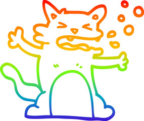 rainbow gradient line drawing of a cartoon hiccuping cat