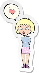 retro distressed sticker of a cartoon woman in love