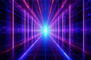 Futuristic technology lines for network, big data, data center, server, internet, speed. Neon lights into digital technology tunnel. Generative AI