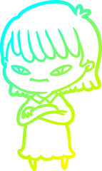 cold gradient line drawing of a cartoon woman
