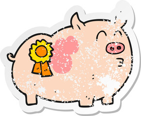retro distressed sticker of a cartoon prize winning pig