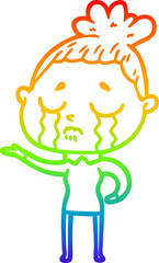 rainbow gradient line drawing of a cartoon crying woman
