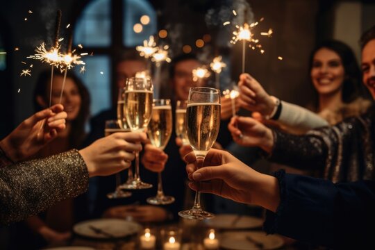 happy group of people celebrating a New Year party with champagne and sparklers, ai generative
