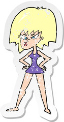 retro distressed sticker of a cartoon angry woman in dress
