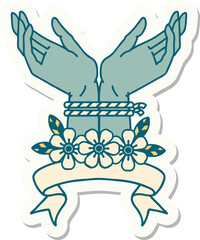 tattoo style sticker with banner of hands tied