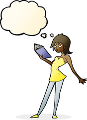 cartoon woman reading book with thought bubble