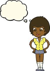 Obraz premium cartoon pretty woman with hands on hips with thought bubble