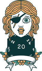 Retro Tattoo Style human rogue with natural 20 dice roll