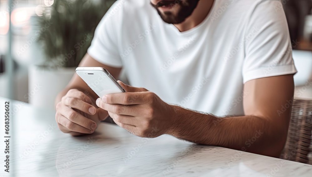 Poster guy sitting at table using smartphones using smart phone generative ai