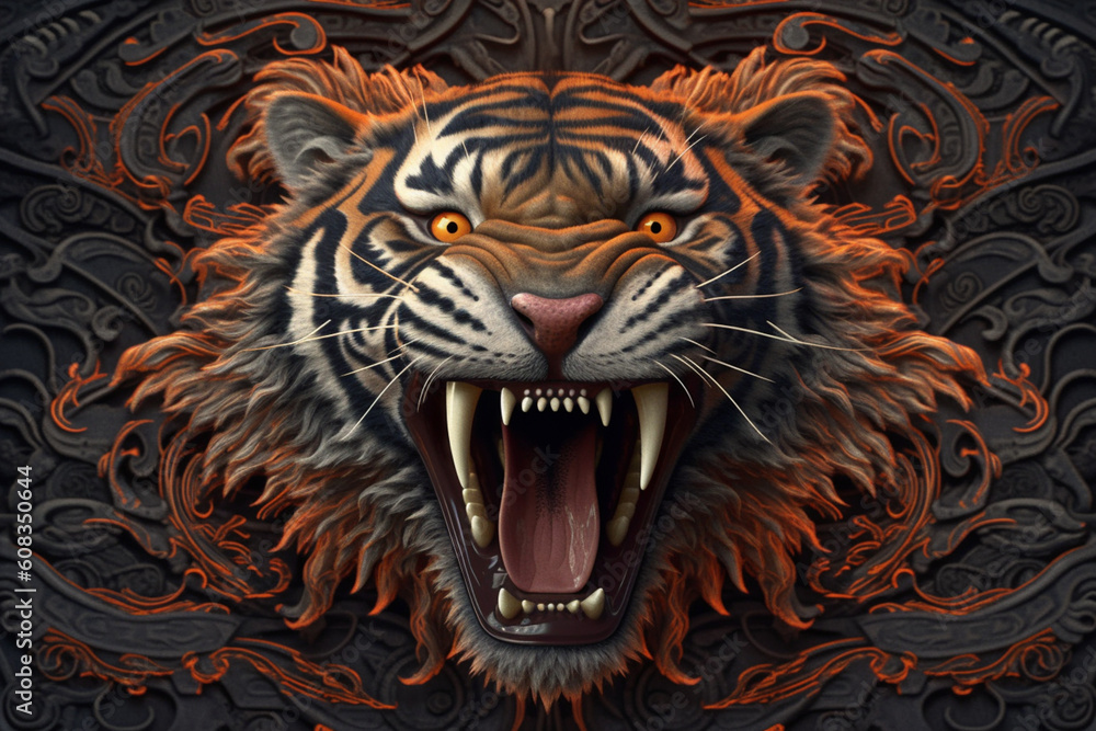 Aufkleber a dramatic paper-cut artwork of a roaring tiger, with its fierce expression and intricate patterns i
