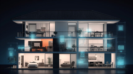 Smart home system concept illustration 3D, light, interior, generative AI