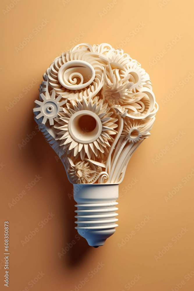 Fototapete A captivating paper-cut design of a lightbulb with gears and cogs inside, representing the fusion of creativity and technology in the process of generating new ideas. Generative AI technology.