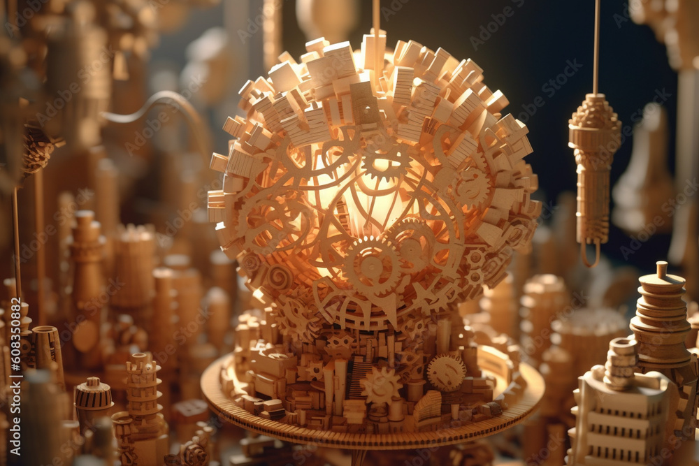 Poster an intricate paper-cut scene of a lightbulb surrounded by gears and machinery. generative ai technol