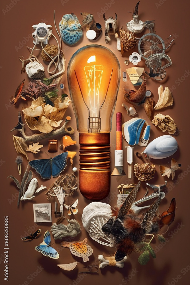 Poster a stunning paper-cut collage of various objects and symbols emerging from a lightbulb. generative ai
