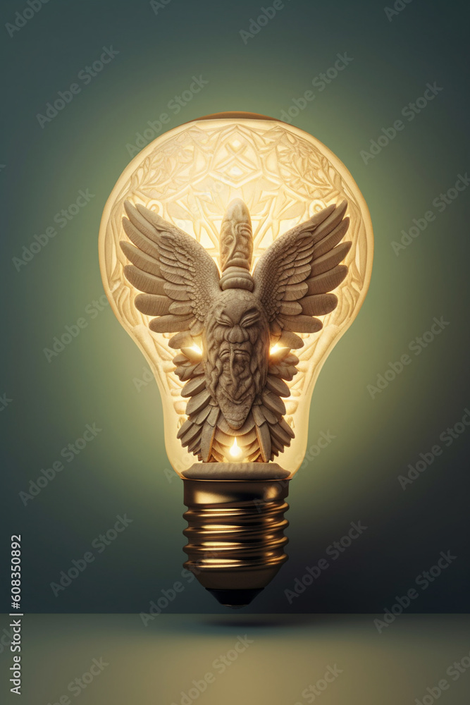 Fototapete A captivating paper-cut design of a lightbulb with wings, symbolizing the freedom and transformative power of ideas when they take flight. Generative AI technology.