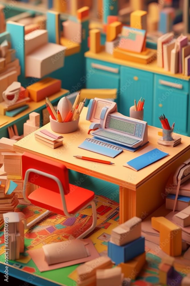 Poster An intricate paper-cut design of a school desk with cutouts of textbooks, notebooks, and a pencil case, representing the foundation and learning environment that supports. Generative AI technology.