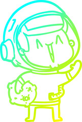 cold gradient line drawing of a happy cartoon astronaut with moon rock