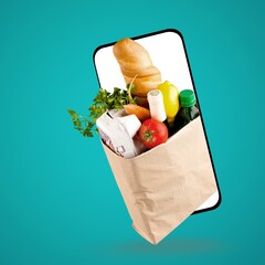 Online shopping app concept, grocery and smartphone - obrazy, fototapety, plakaty