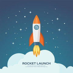 Vector Retro Red and White Space Rocket Ship Launch on Space Sky Background. Space Rocket Design Template for Business, Start Up Project, Development Process, Creative Idea etc