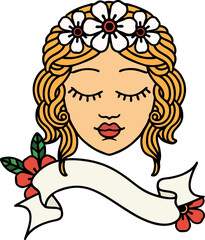traditional tattoo with banner of a maidens face