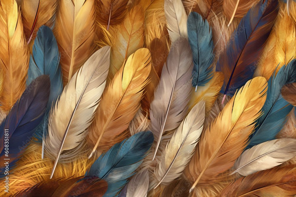 Poster A collage-style feather background pattern texture, with feathers of various species and sizes overlapping and layered to create a visually rich and textured composition. Generative AI technology.
