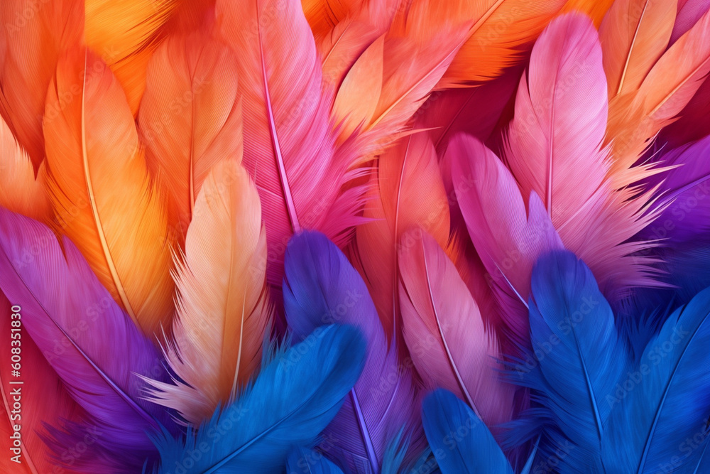 Poster An artistic composition of feathers in a gradient color scheme, transitioning from one hue to another, Generative AI technology.