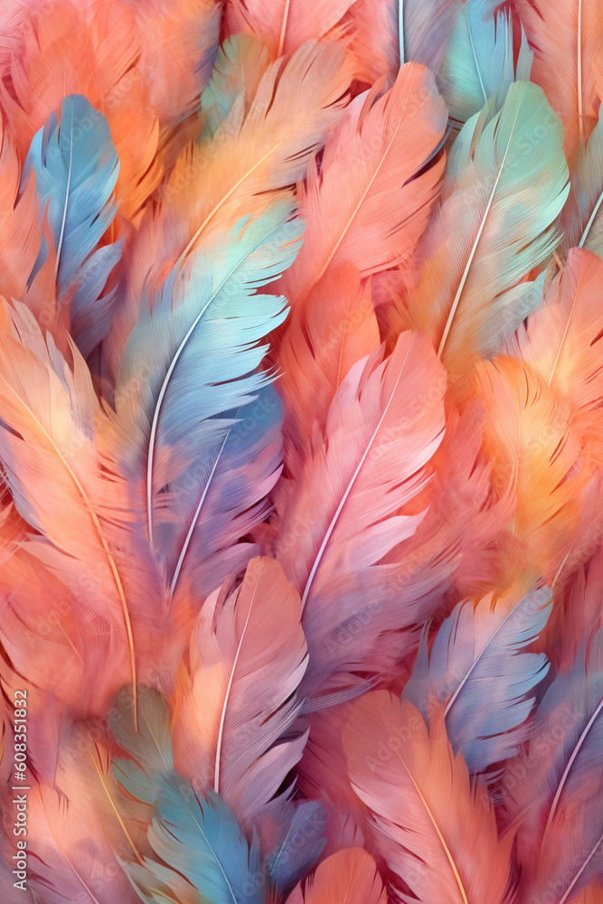 Poster A whimsical feather background pattern texture, with feathers floating and swirling in a whimsical manner,  Generative AI technology.