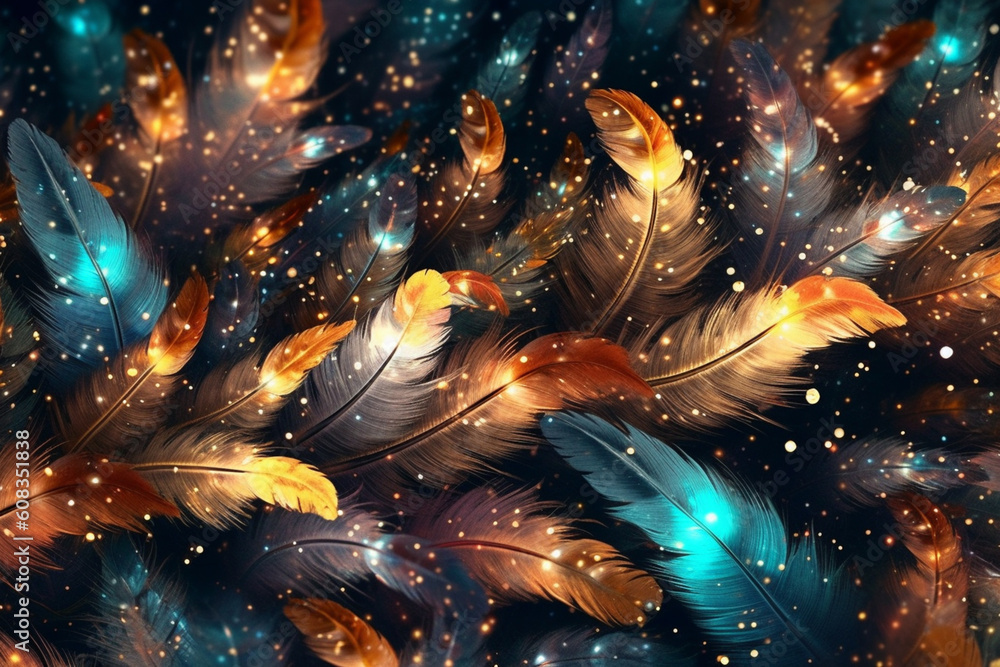 Poster A celestial-themed feather background pattern texture, with feathers arranged in the shape of stars and moons against a dark backdrop, Generative AI technology.