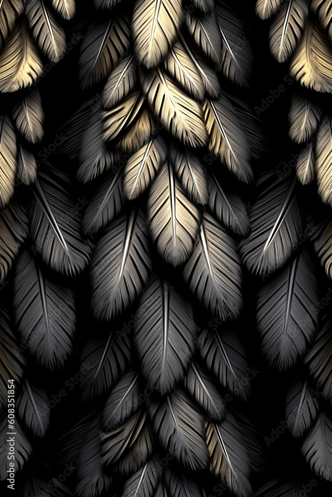 Poster A symmetrical feather background pattern texture, with feathers mirrored and repeated to create a balanced and harmonious composition Generative AI technology.