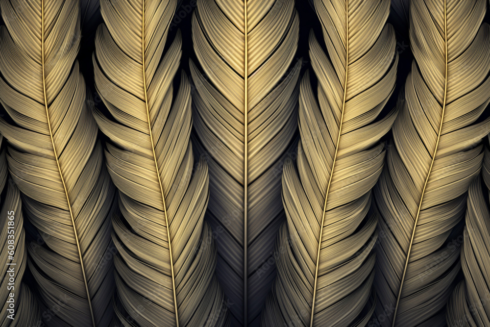 Poster A symmetrical feather background pattern texture, with feathers mirrored and repeated to create a balanced and harmonious composition.  Generative AI technology.
