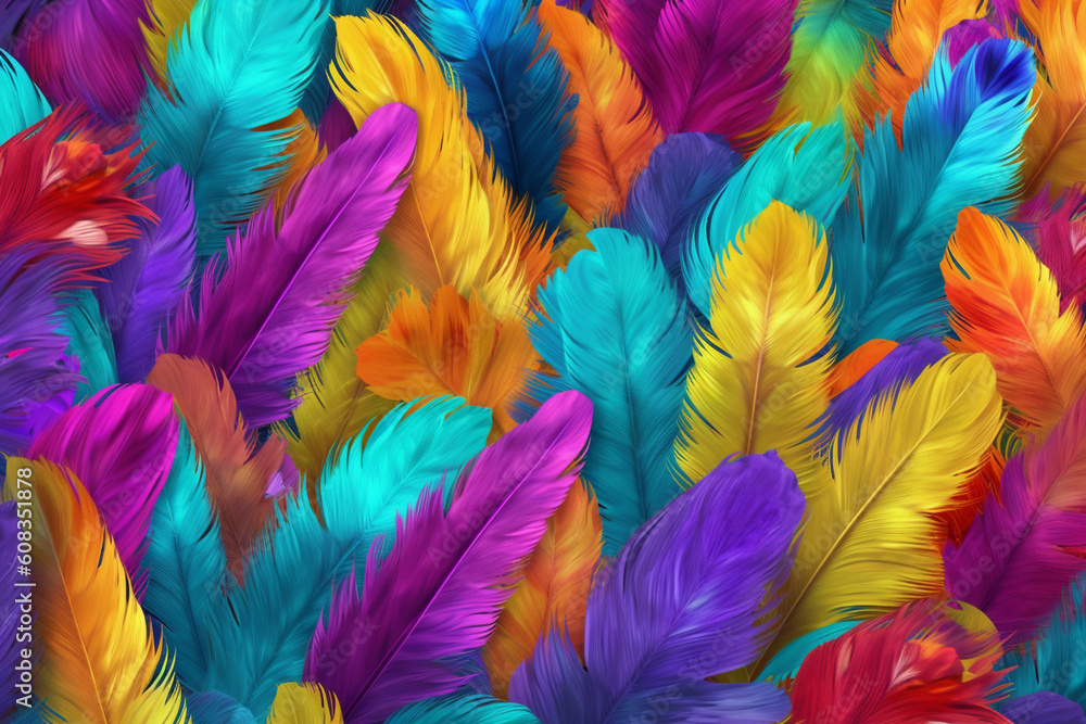 Poster A vibrant and multicolored feather background pattern texture, with feathers arranged in a random and eclectic manner,  Generative AI technology.