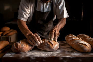 A baker carefully shaping artisanal bread loaves, showcasing the artistry and precision involved in the baking process. Generative AI