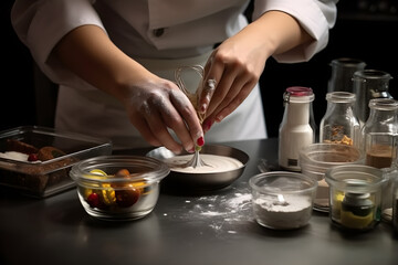 A baker carefully measuring ingredients for a recipe, emphasizing the importance of precision and accuracy in baking, Generative AI