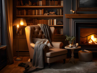 Reading nook, comfortable armchair nestled by a fireplace, adorned with bookshelves filled with books, using soft lighting and earthy tones, Generated AI