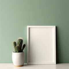 mock up white photo frame and green cactus on table, copy space, minimalistic interior, ai generated
