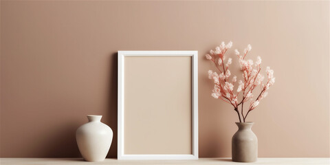 mock up white photo frame and flowers in vase on table, copy space, minimalistic interior, ai generated