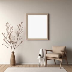 minimalistic interior design of living room with mock up photo frame and plant on table, ai generated