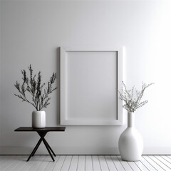 minimalistic interior design of living room with mock up photo frame and plant on table, ai generated