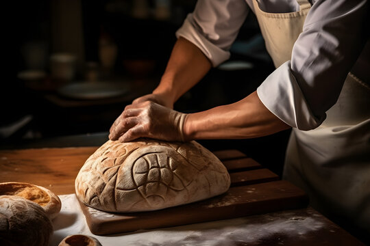 A baker carefully shaping artisanal bread loaves, showcasing the artistry and precision involved in the baking process. Generative AI
