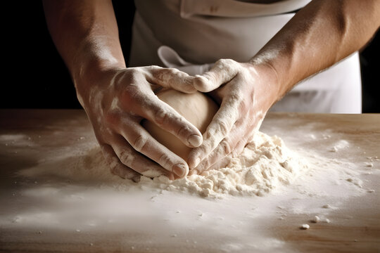 A baker kneading dough on a flour-dusted surface, preparing it for baking. Generative AI