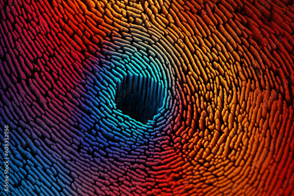 Fototapete an abstract representation of a fingerprint, with vibrant and contrasting colors, transforming the f
